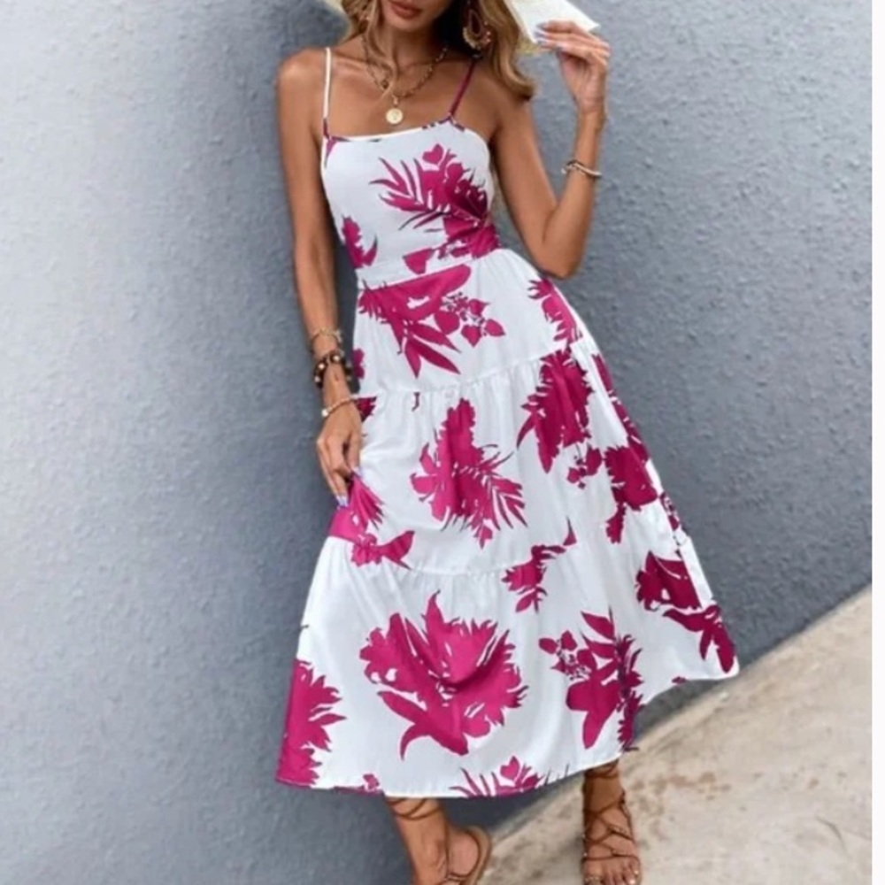 Boho Green Floral Tropical Leaves Cut out Cami Ruffle Dress - Picture 7 of 11